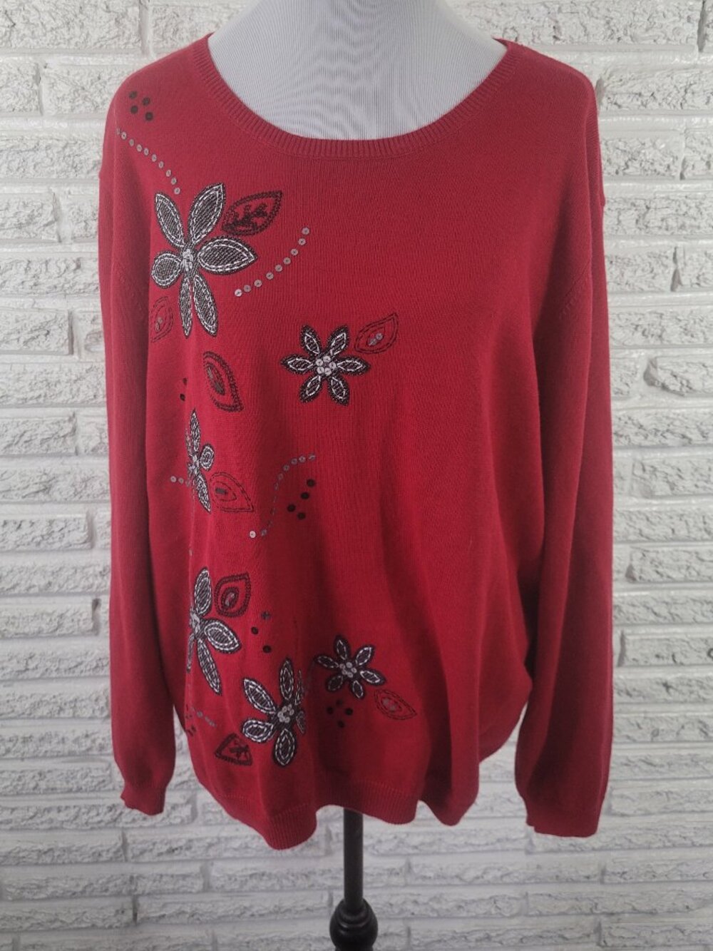 Alfred Dunner Women's Sweater 2X Red Sequin Embroidered Knit Plus Size RED45E